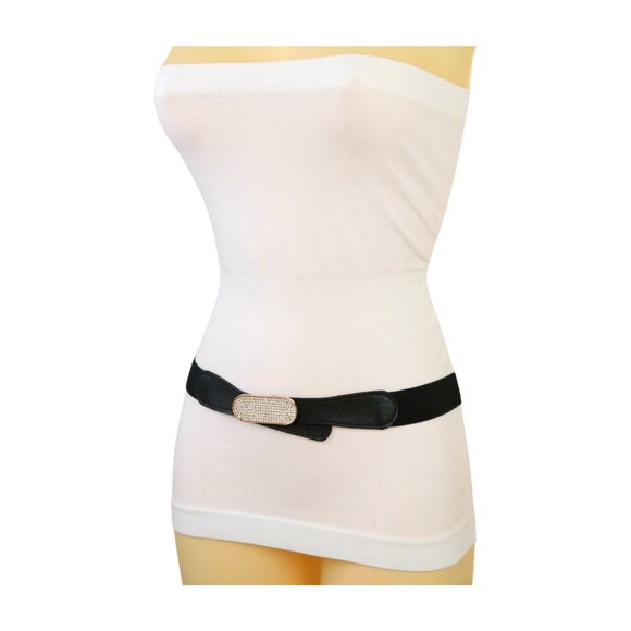 New Fun Women Black Stretch Waistband Fashion Belt Gold Oval Bling Buckle S M - Picture 4 of 17